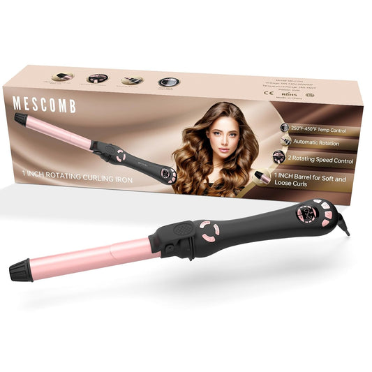 MESCOMB Rotating Curling Iron, 1 Inch Automatic Curling Wand Auto Self Hair Curler with Long Barrel for Shoulder/Long Hair, Adjustable Speed and Temps, Long-Lasting, Curls and Waves | Dual Voltage