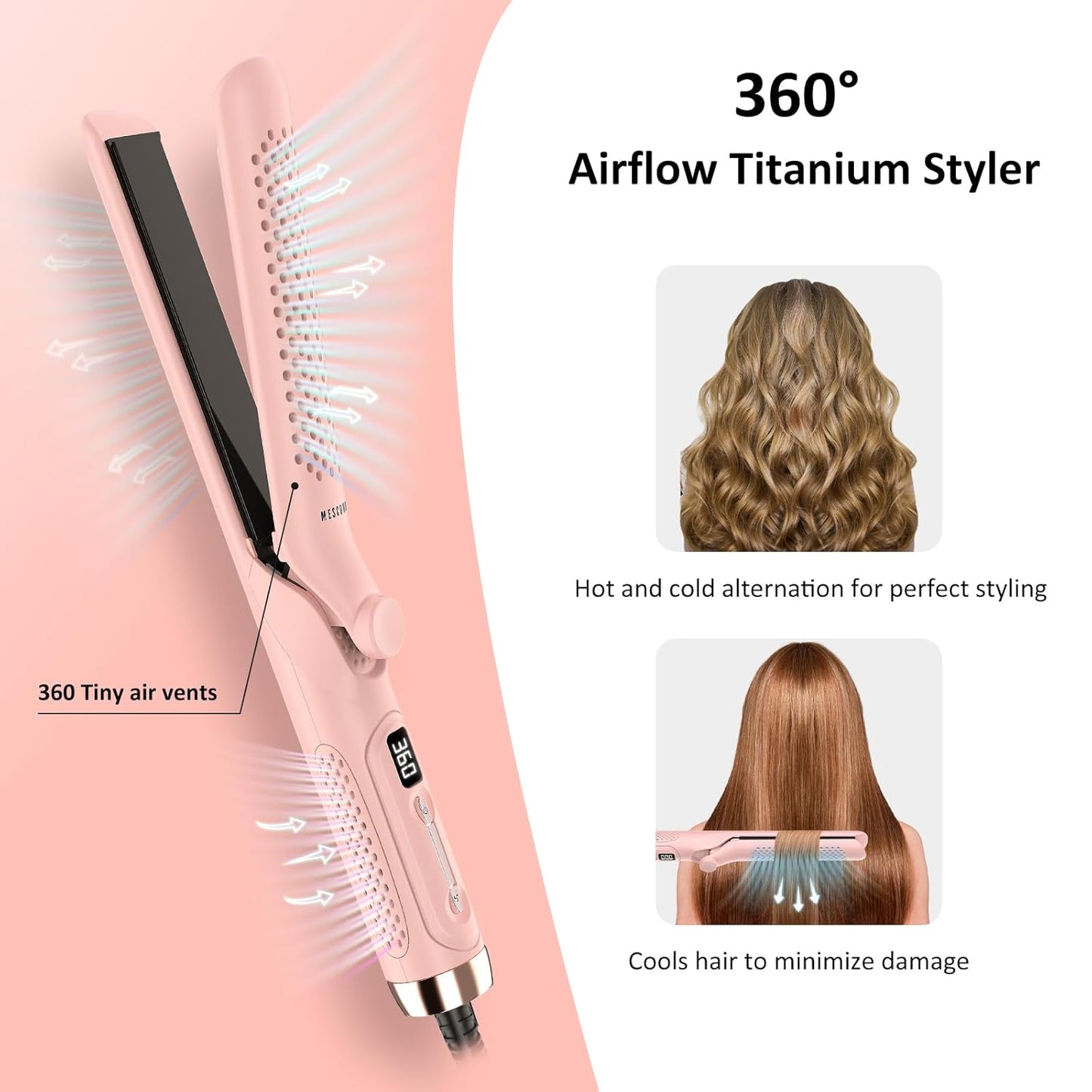 360° Airflow Styler Curling Iron - 1.25 Inch Hair Straightener and Curler 2 in 1 with Vented Cool Air to Lock in Style, Extra LongFlat Iron Curling Wand, Dual Voltage for Europe Travel