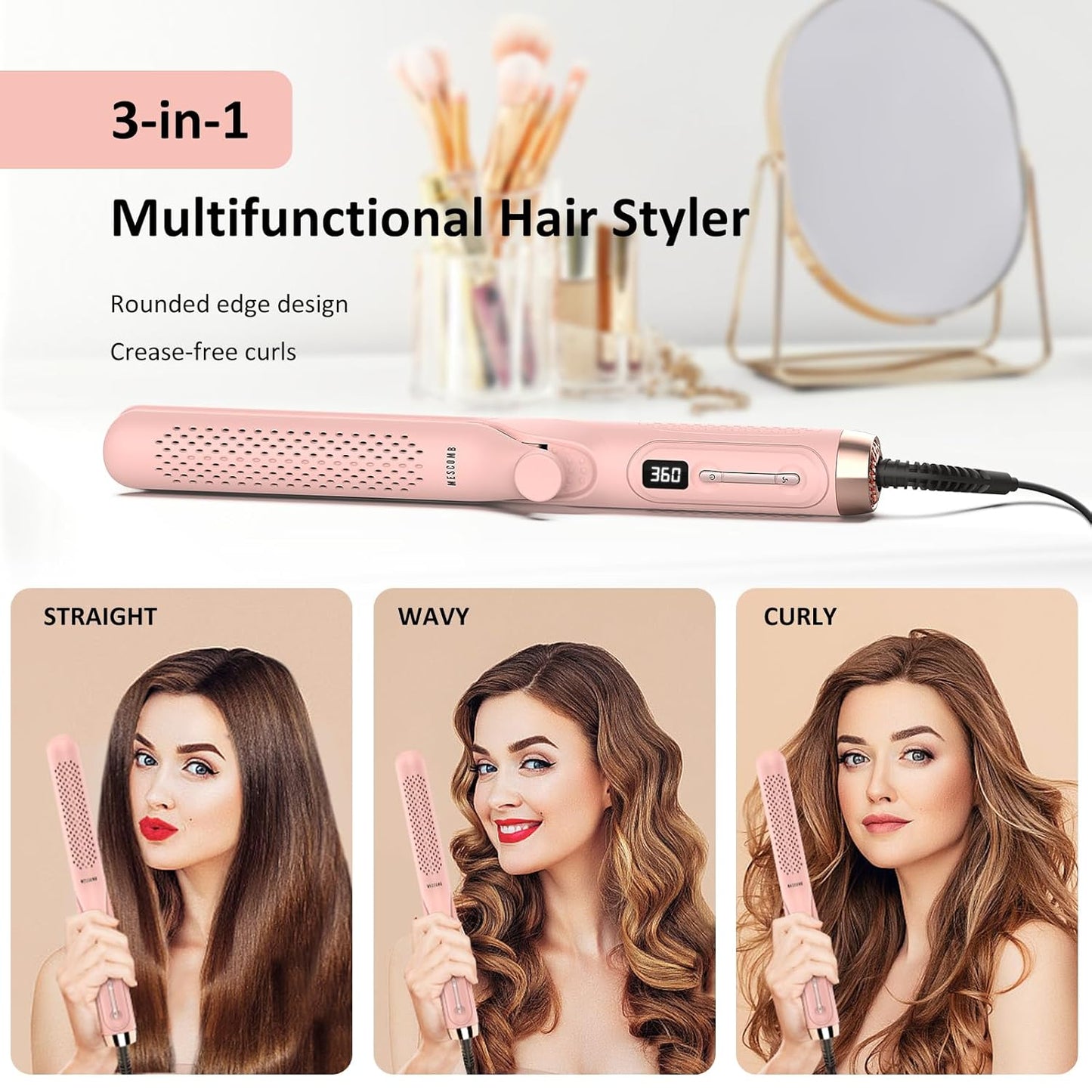 360° Airflow Styler Curling Iron - 1.25 Inch Hair Straightener and Curler 2 in 1 with Vented Cool Air to Lock in Style, Extra LongFlat Iron Curling Wand, Dual Voltage for Europe Travel