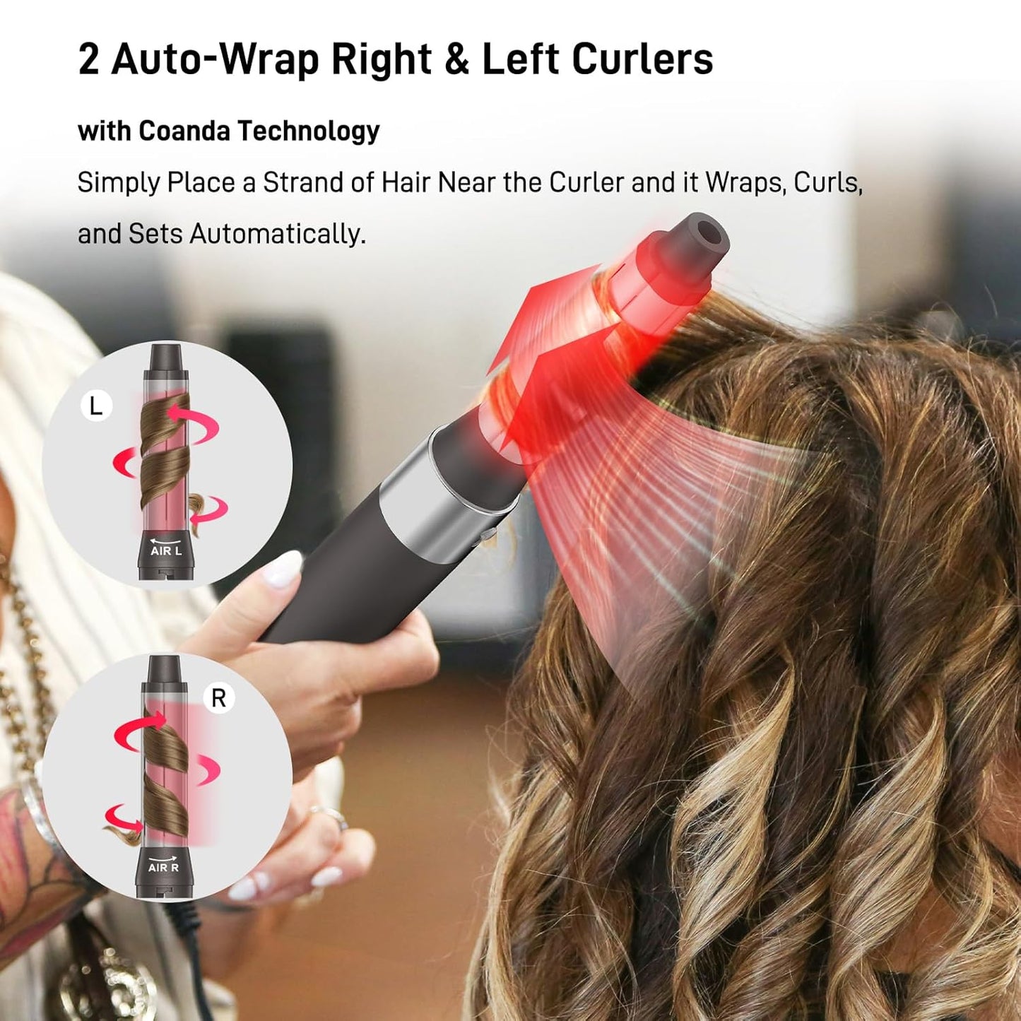 5 in 1 Hair Air Styler - Rotating Hair Dryer Brush 110000 RPM for Fast Drying Hot-Air Automatic Wrap Curlers for Curling, Frizz-Free Blow Dryer Brush for Straightening Volumizing No Heat Damage(Gray)